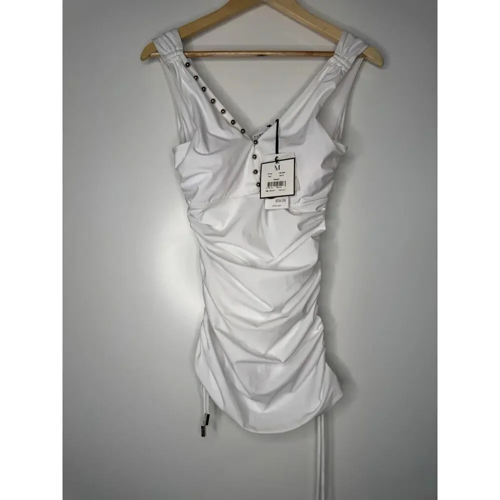 Moeva Womens White TRACEY Plunging Ruched Stretch 1-Piece Swimsuit MEDIUM $411